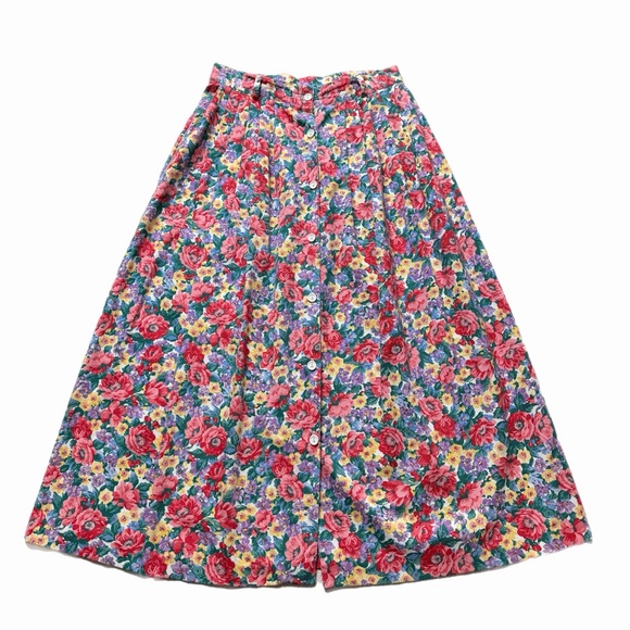 VTG 80s Bitsy Floral Button Front Aline Midi Skirt M Pockets Made in USA - Picture 1 of 7